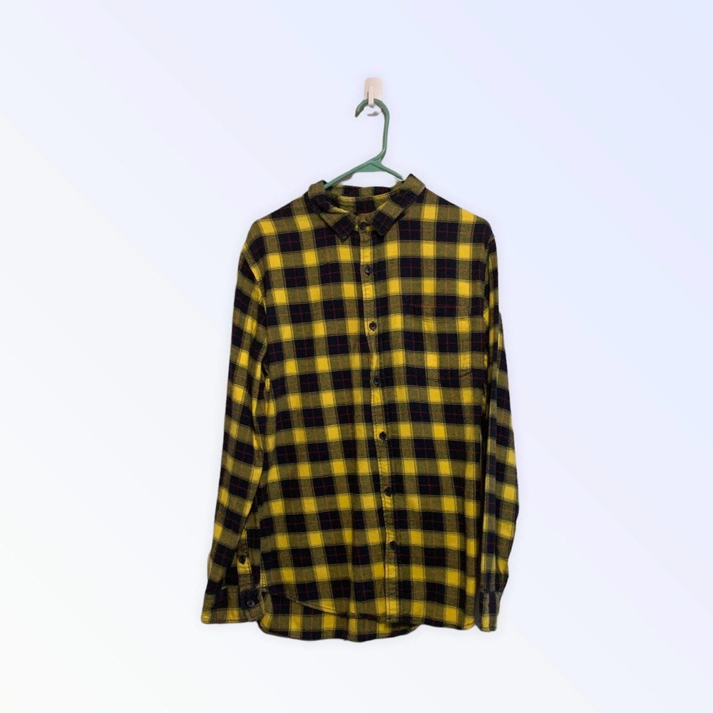 PacSun Yellow /Blue Plaid Flannel Button Up Shirt Size Large